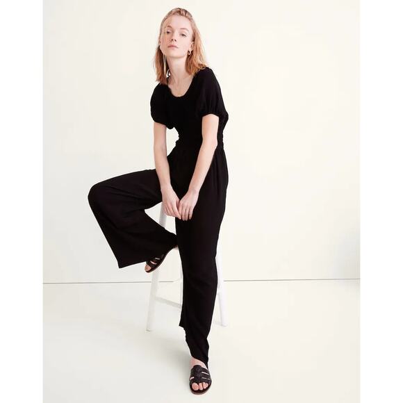 Madewell Sophia Jumpsuit Black Wide Leg Short Sleeve Womens Small Flowy Viscose - Picture 1 of 8